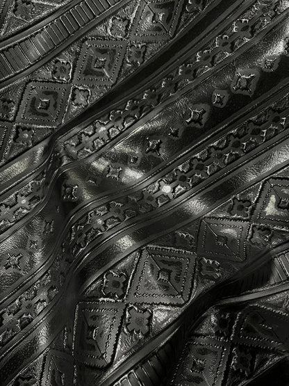 **Leather Narrow Oval Earrings in Black Navajo w/ Turquoise Accent 216a