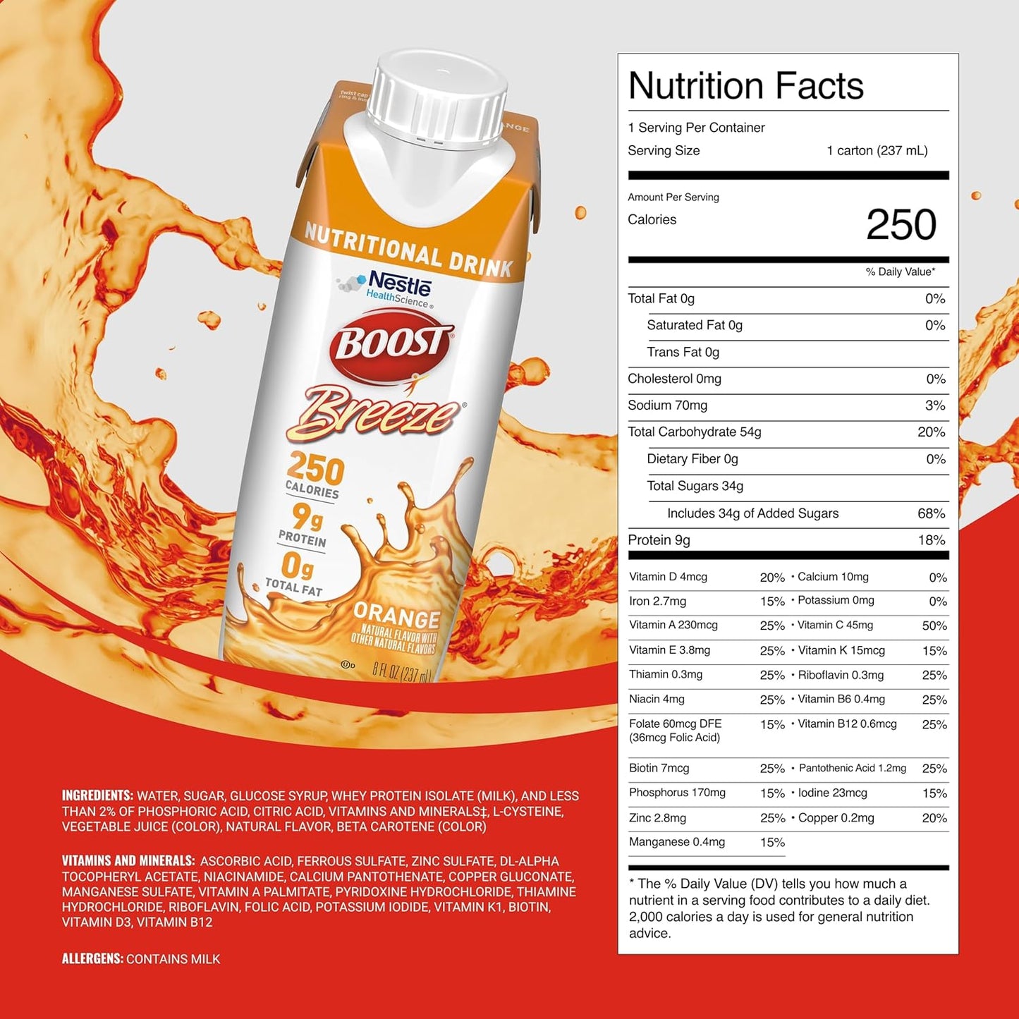 Nestle Boost Breeze, Orange, 8 oz carton, CS/24