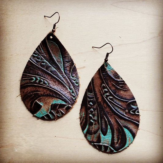 **Leather Teardrop Earrings in Turquoise Brown Floral 203d