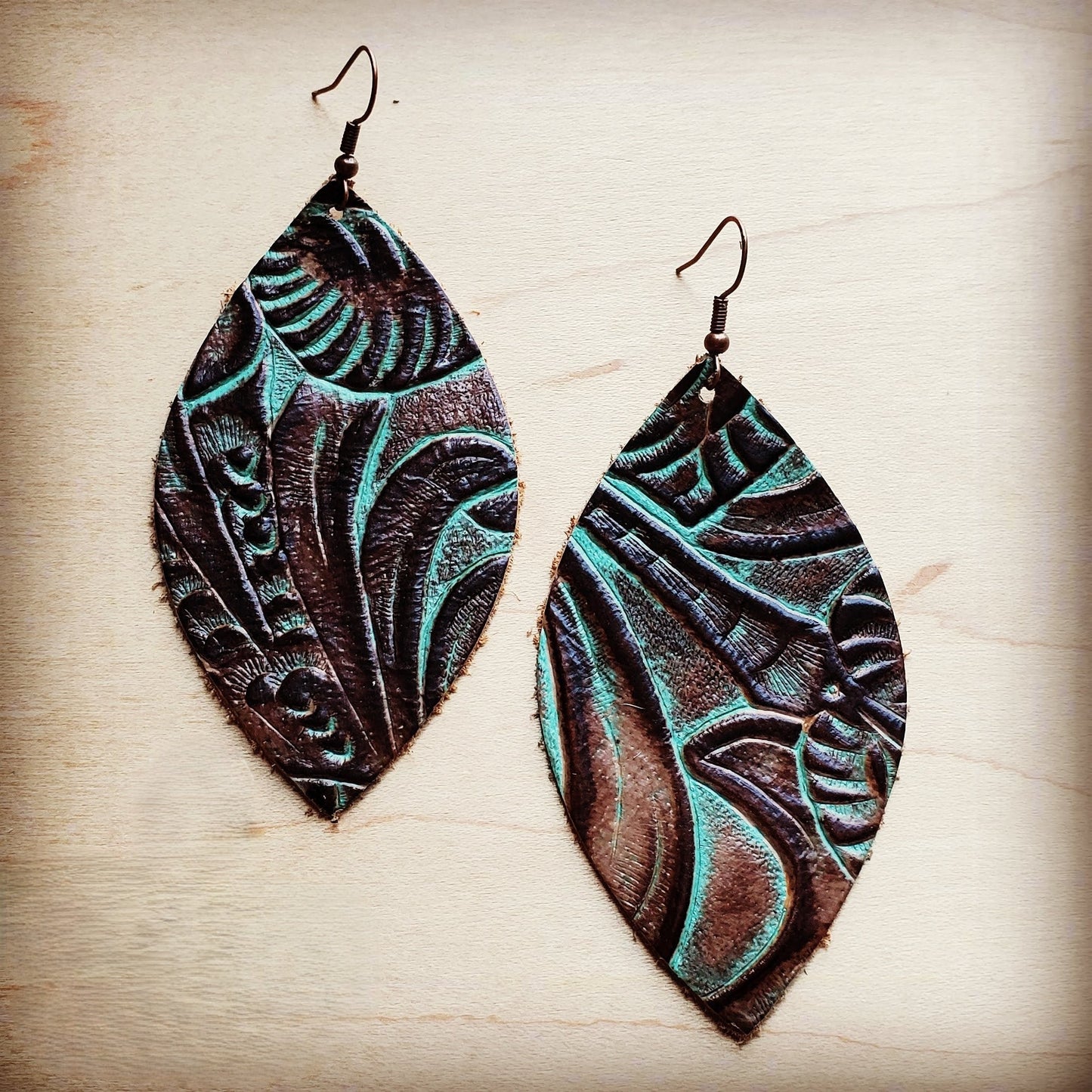 **Leather Oval Earrings Turquoise Brown Floral 203c