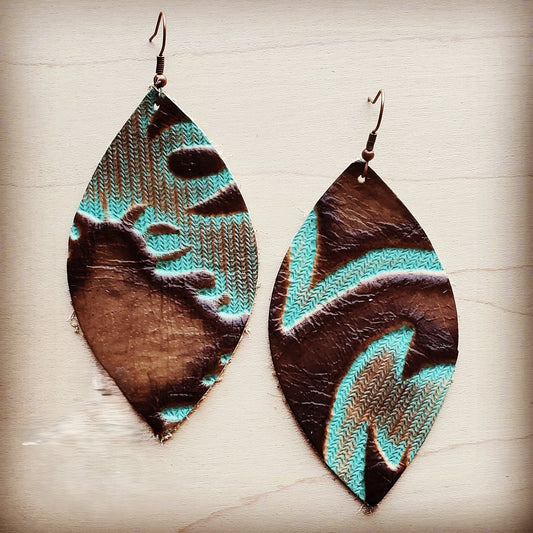 **Leather Oval Earrings in Embossed Turquoise Laredo 204c