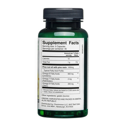 Siberian Pine Nut Oil with Pine Resin Capsules - 200 Softgels | Wild-Harvested, Cold-Pressed, Unrefined