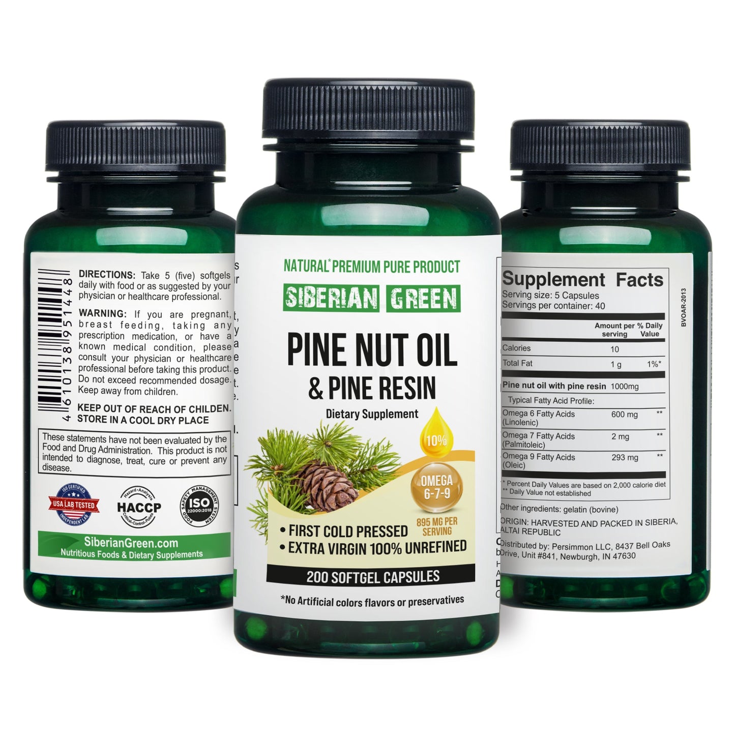 Siberian Pine Nut Oil with Pine Resin Capsules - 200 Softgels | Wild-Harvested, Cold-Pressed, Unrefined