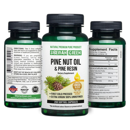 Siberian Pine Nut Oil with Pine Resin Capsules - 200 Softgels | Wild-Harvested, Cold-Pressed, Unrefined