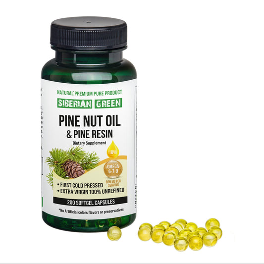 Siberian Pine Nut Oil with Pine Resin Capsules - 200 Softgels | Wild-Harvested, Cold-Pressed, Unrefined