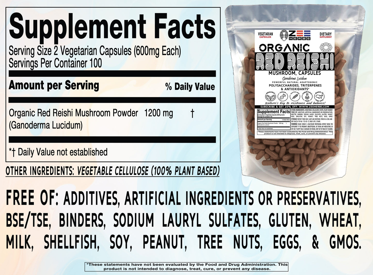 Red Reishi Mushroom Capsules - 1200mg Pure Organic Wellness