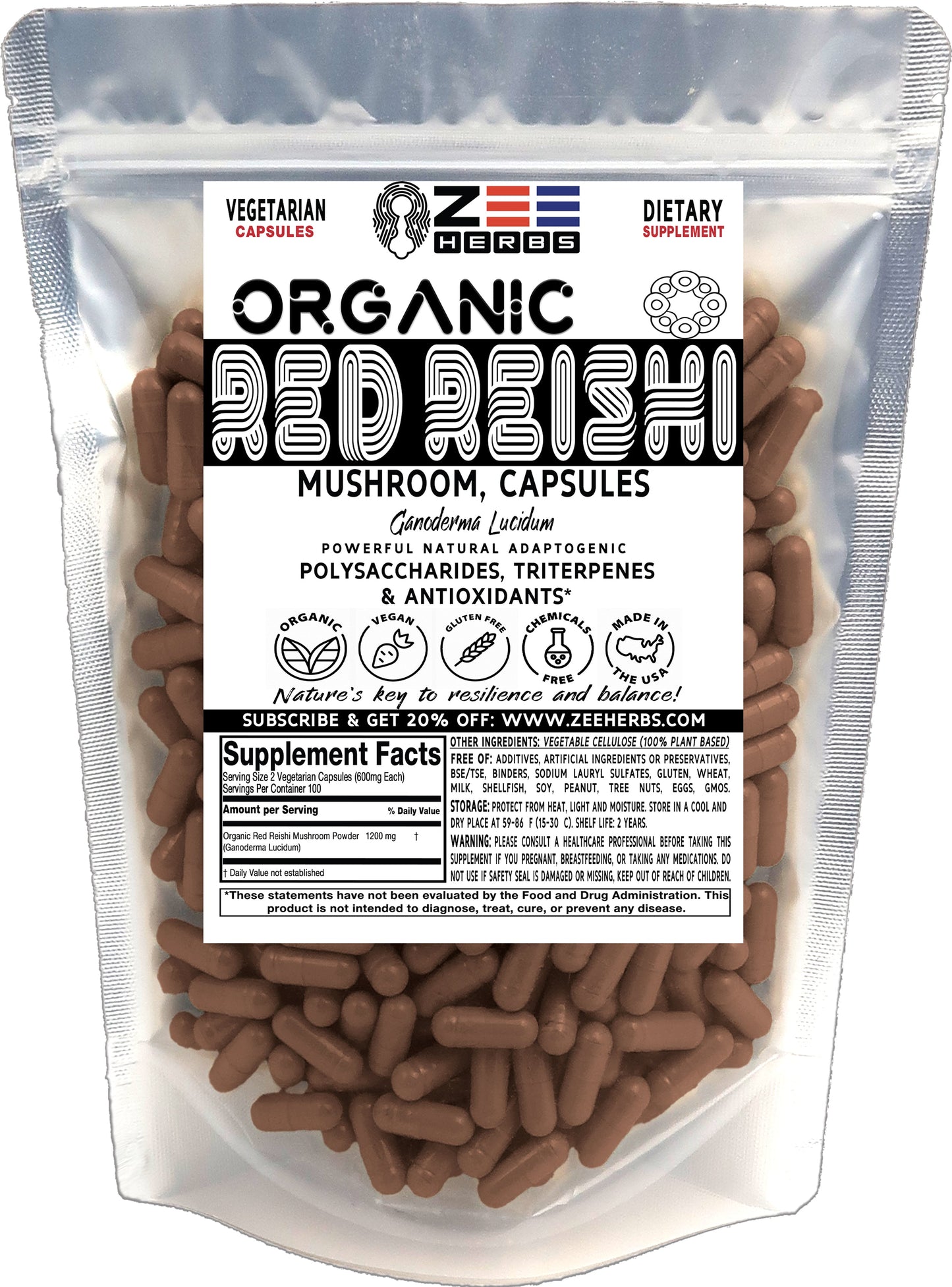 Red Reishi Mushroom Capsules - 1200mg Pure Organic Wellness