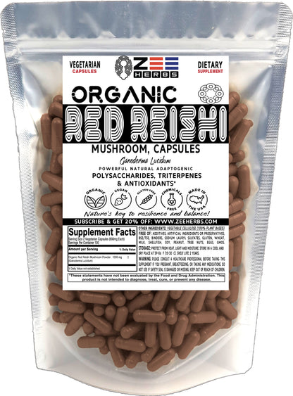 Red Reishi Mushroom Capsules - 1200mg Pure Organic Wellness