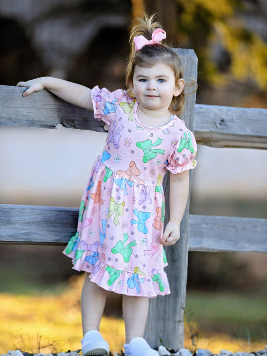 Colorful Bow Print Ruffles Girls Dress