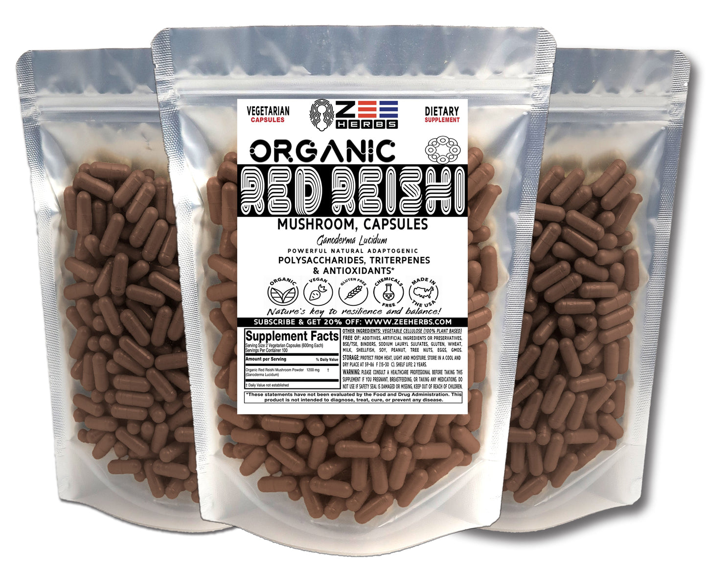 Red Reishi Mushroom Capsules - 1200mg Pure Organic Wellness