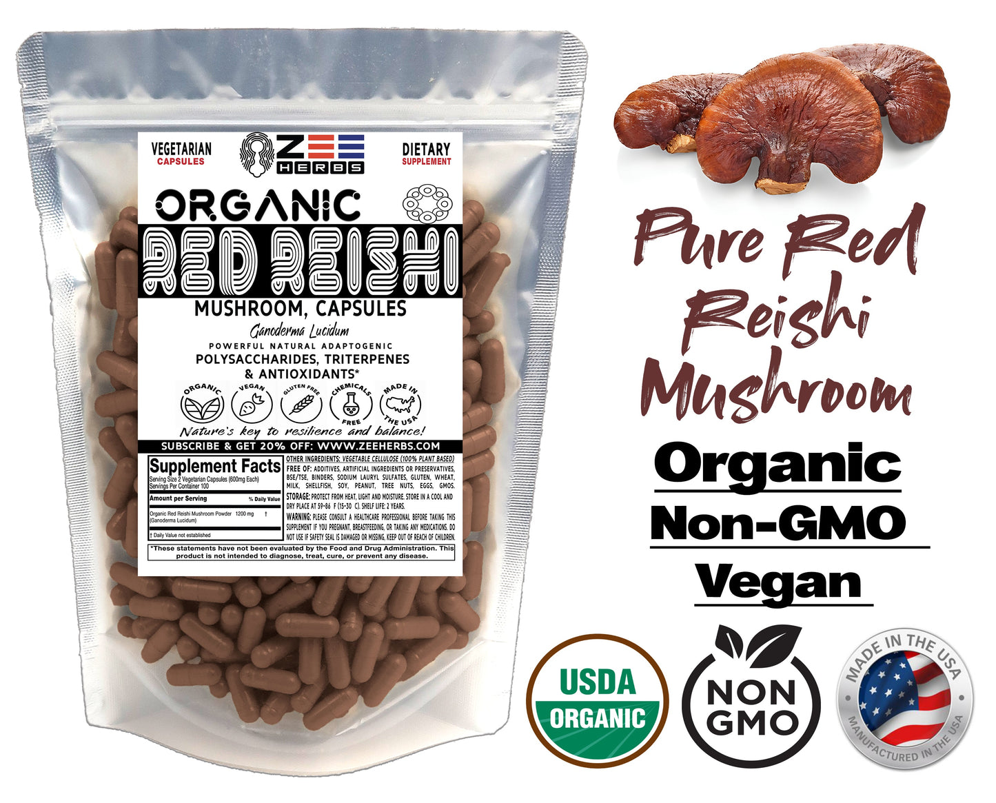 Red Reishi Mushroom Capsules - 1200mg Pure Organic Wellness