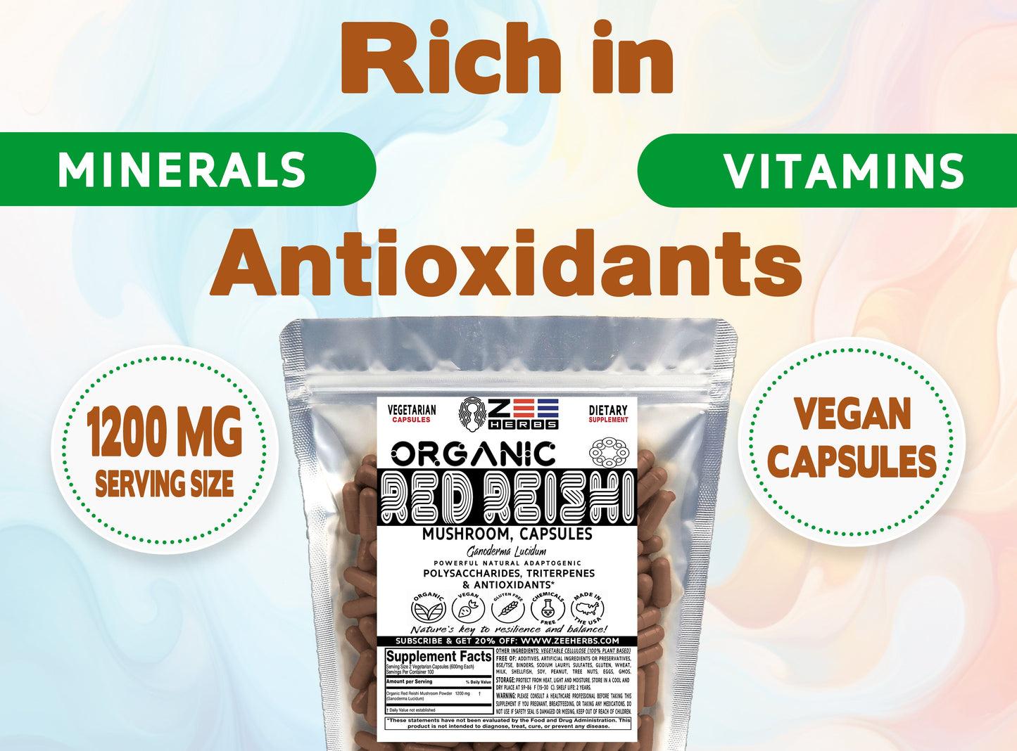 Red Reishi Mushroom Capsules - 1200mg Pure Organic Wellness