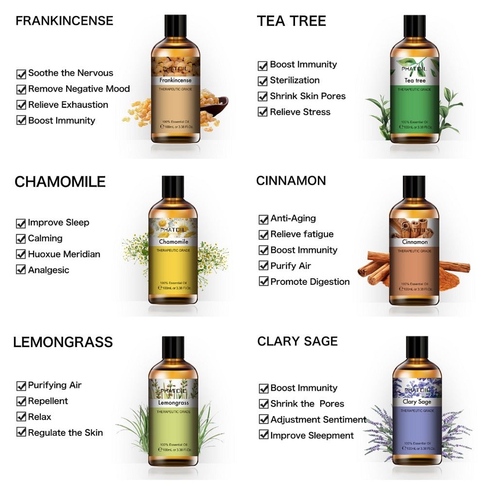 100ML Pure Natural Essential Oils Diffuser for Skin Care Rose Orange Lemon Lavender Rose Geranium Chamomile Avocado Aroma Oil