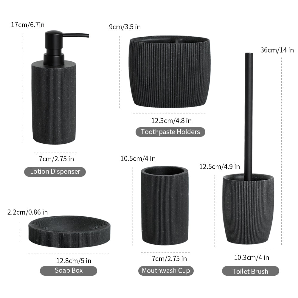 Sleek Black Bathroom Set: Soap Dispenser, Toothbrush Holder, Tumbler, Soap Dish, Mouthwash Cup, Toilet Brush Holder