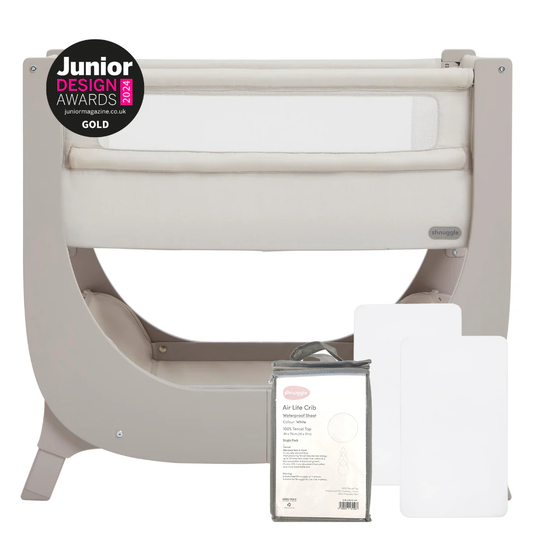 Shnuggle Air Lite Bedside Crib | Height Adjustable Baby Bed with Mattress + 1 Waterproof + 2 White Sheets