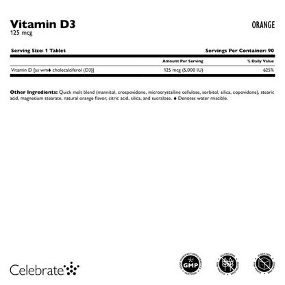 Vitamin D3 125 mcg Quick Melt Tablets, Orange, 90 Count