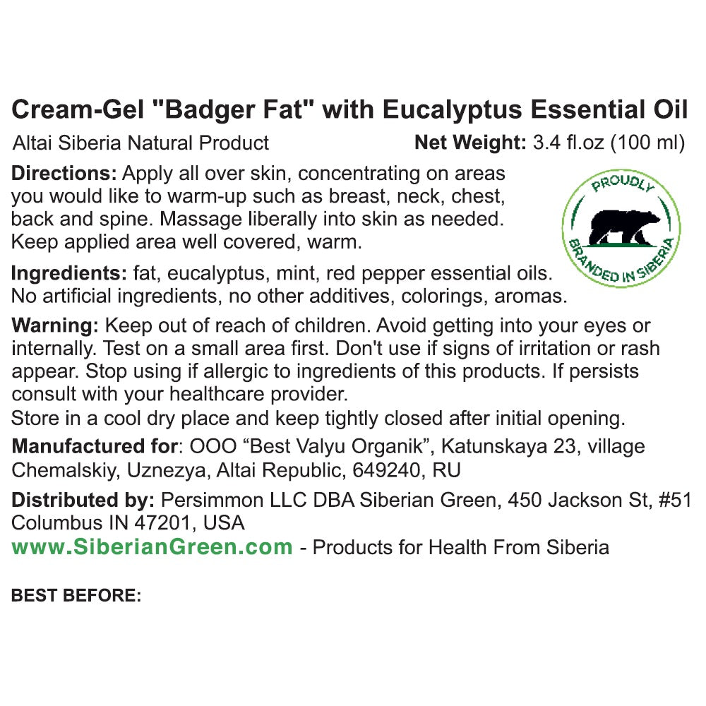 Siberian Badger Fat Cream-Gel – Warming Formula with Eucalyptus, Mint, and Red Pepper | 100ml