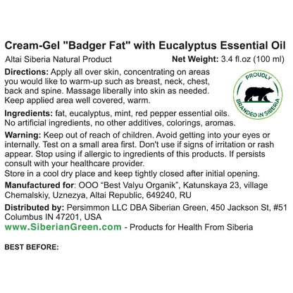 Siberian Badger Fat Cream-Gel – Warming Formula with Eucalyptus, Mint, and Red Pepper | 100ml