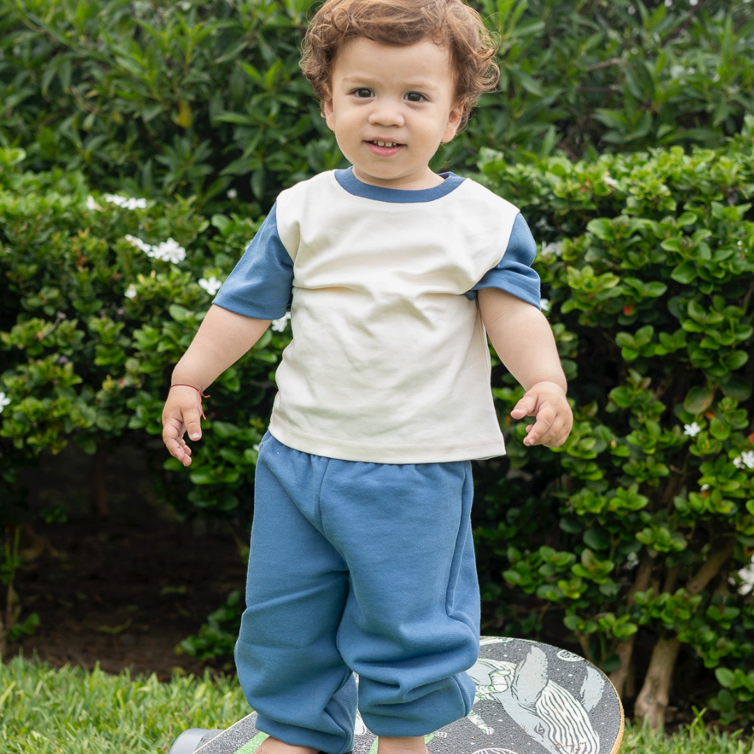 Kids Colorblock Tee in White with Navy Blue