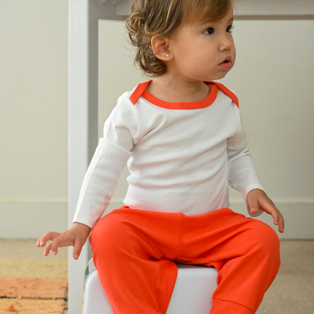 Long Sleeve Bodysuit in White with Engine Red