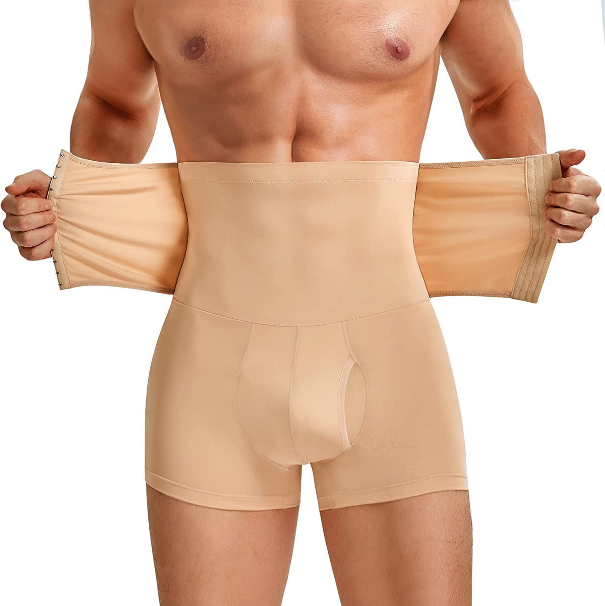Men High Waist Shapewear Boxer Briefs With Adjustable Hooks Compression Tummy Control Butt Lifter Breathable Workout Training Body Shaper Shorts