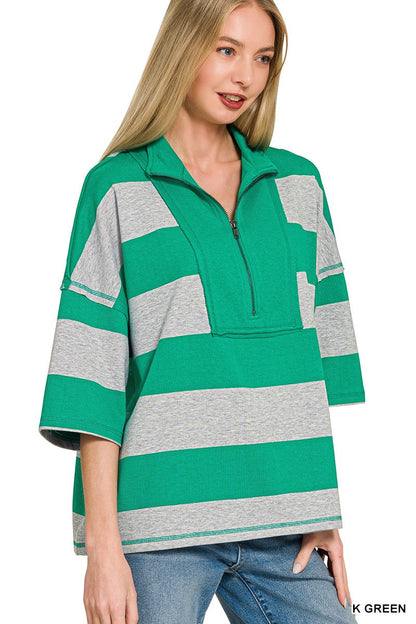 Zenana Frenchterry Striped Half Zip Top & Shorts Set