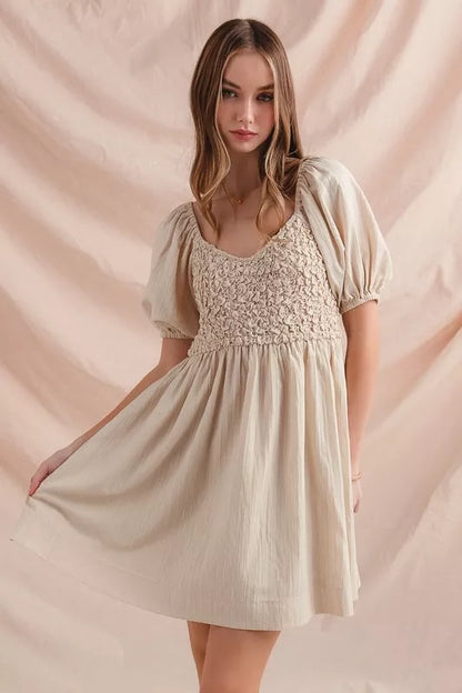 SO ME Textured Woven Daily Dress with Puff Sleeves