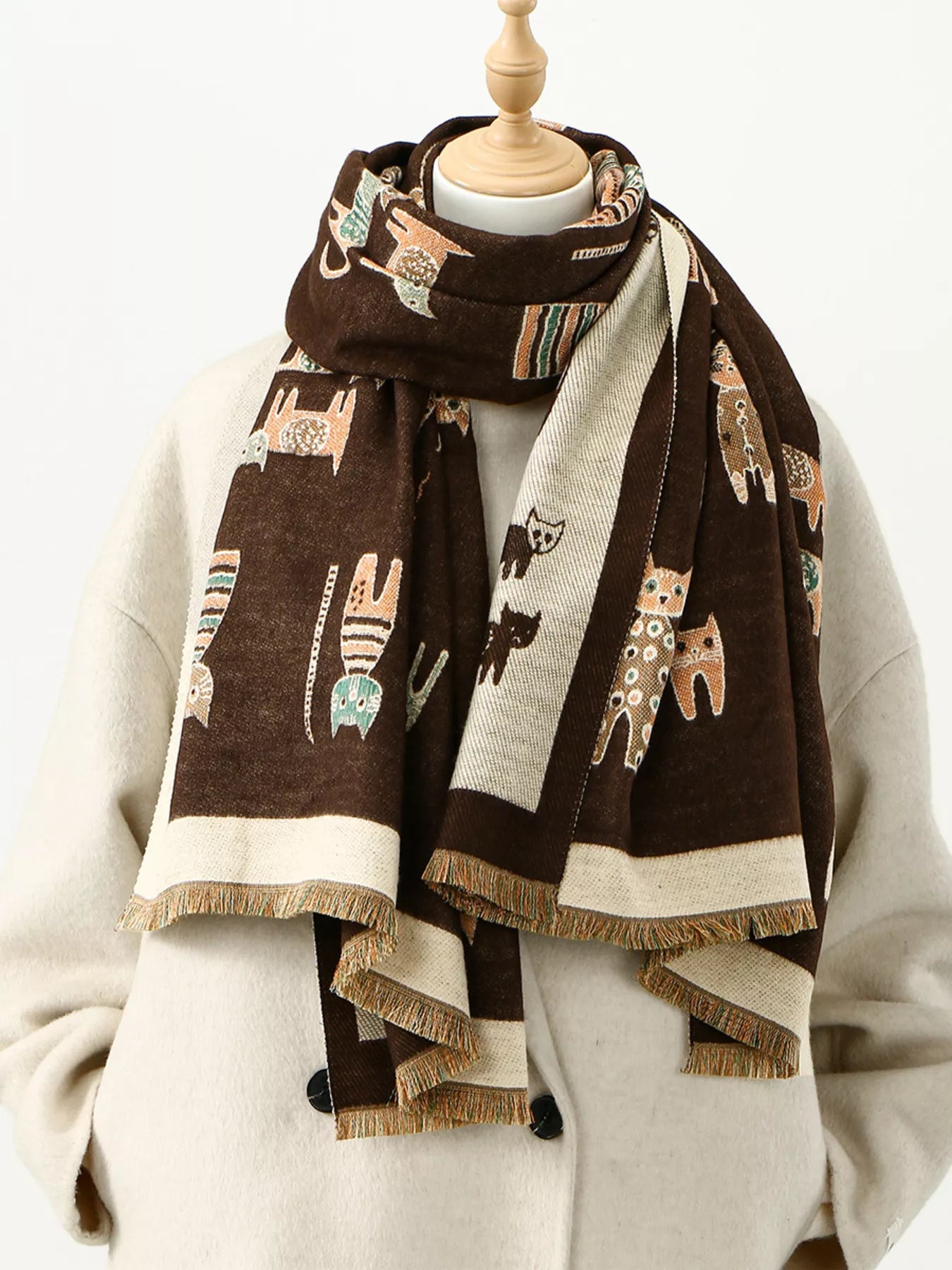 Cute Cat Pattern Raw Hem Scarf