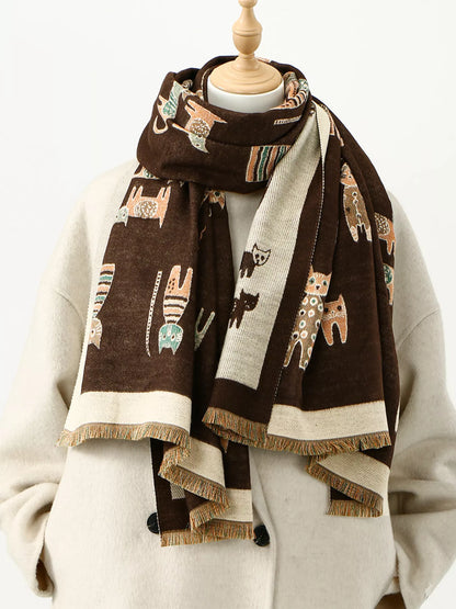 Cute Cat Pattern Raw Hem Scarf