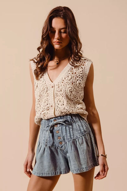 SO ME Flared Denim Shorts with Elasticized Waist