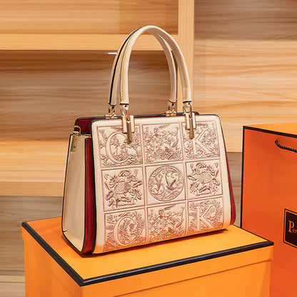 Embroidered Leather Top Handle Handbag