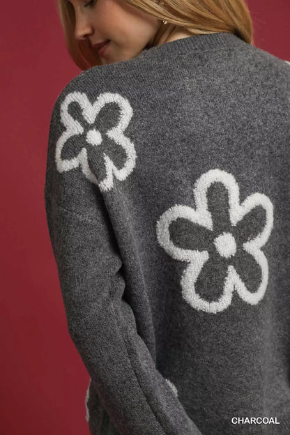 Umgee Round Neck Sweater with Floral Accents