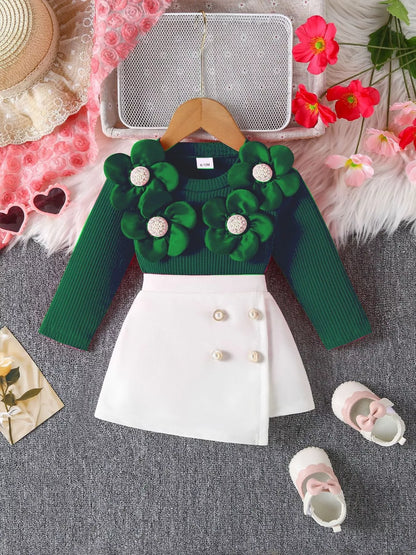 Children's Floral Applique Ribbed Top & Button Decor Skirt Set