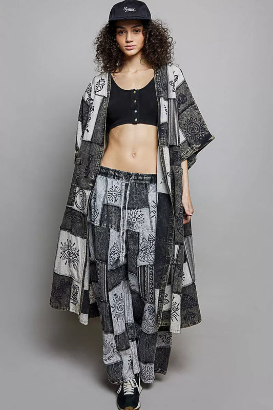 POL Open Front Printed Patchwork Longline Cardigan