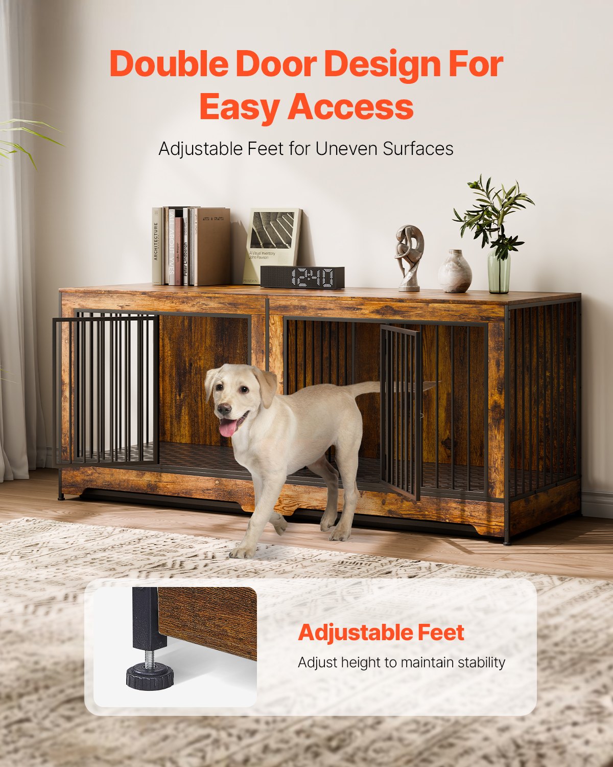 Dog Crate Furniture 75 In Indoor Wooden Dog Kennel With Divider And Tray