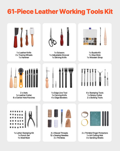 Leather Working Tools Kit, 61 PCS Leather Craft Tools With Portable Canvas Storage Bag, Engraving Punching Sewing Stamping Sanding Tools, Ideal For Beginners DIY Enthusiasts And Professionals