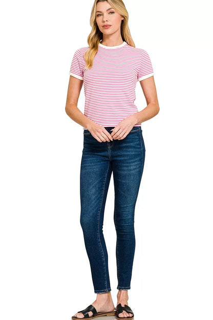 Zenana Striped Contrast Trim Tee