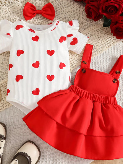 Children's Heart Print Ruffle Trim Bodysuit and Dress Set with Headband
