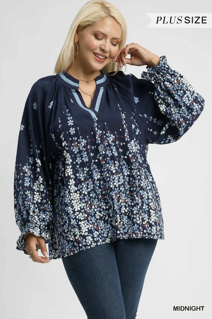 Umgee Full Size Floral Vine Print Blouse with Balloon Sleeves Plus Size