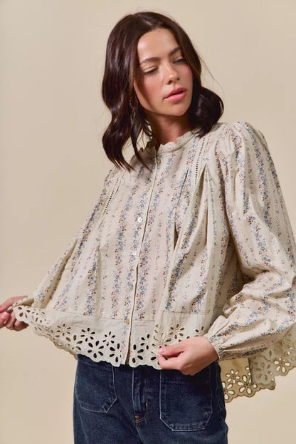 SO ME Floral Print Lace Button Down Shirt