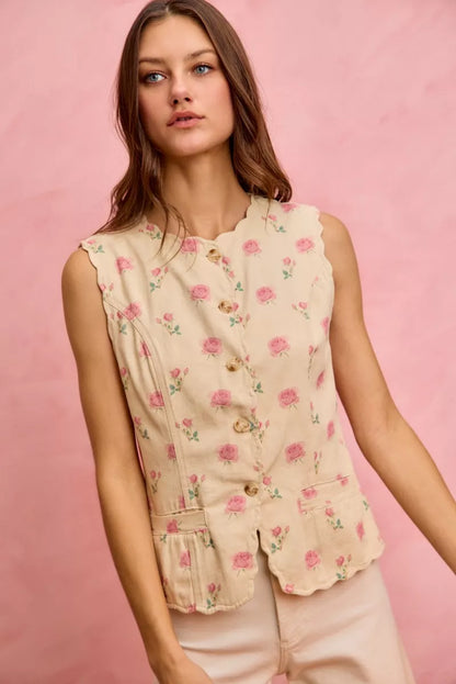 SO ME Floral Rose Cotton Twill Scallop Button Vest Top