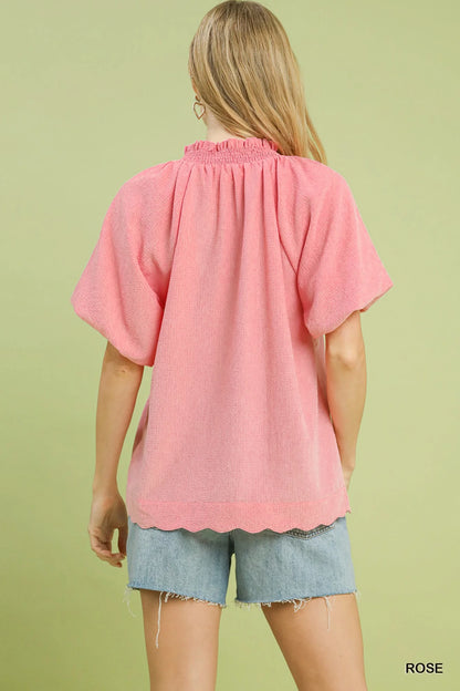 Umgee Scalloped Hem Textured Blouse