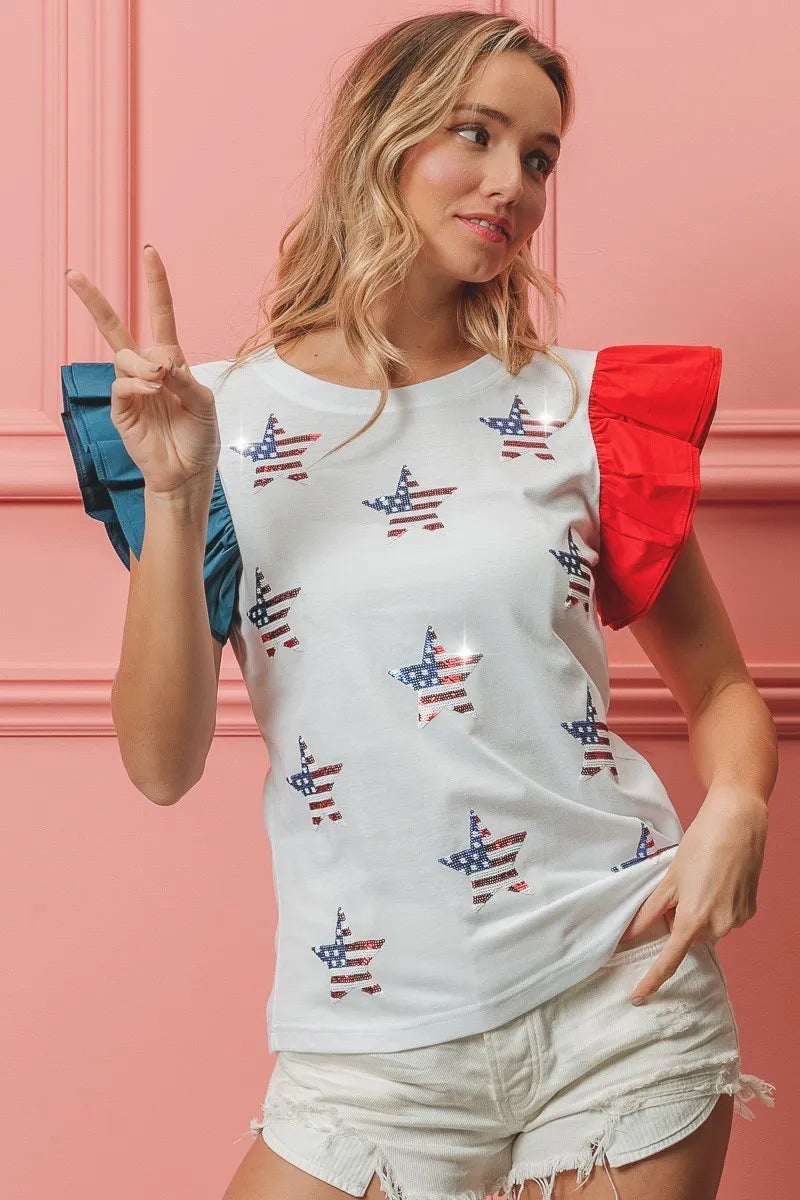 BiBi American Flag Sequin Stars Top