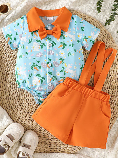 Children's Bunny Print Bodysuit & Suspender Shorts Set