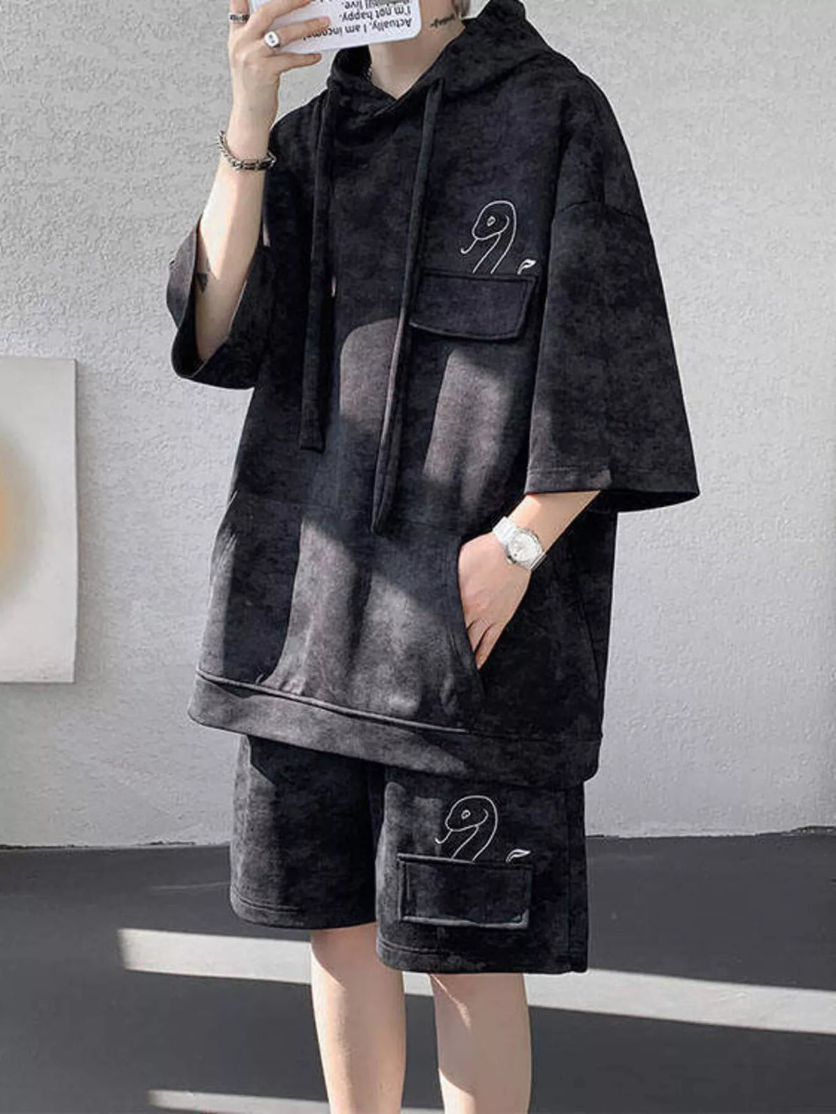 Men's Plus Size Casual Washed Hoodie & Shorts Set