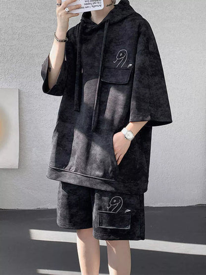 Men's Plus Size Casual Washed Hoodie & Shorts Set