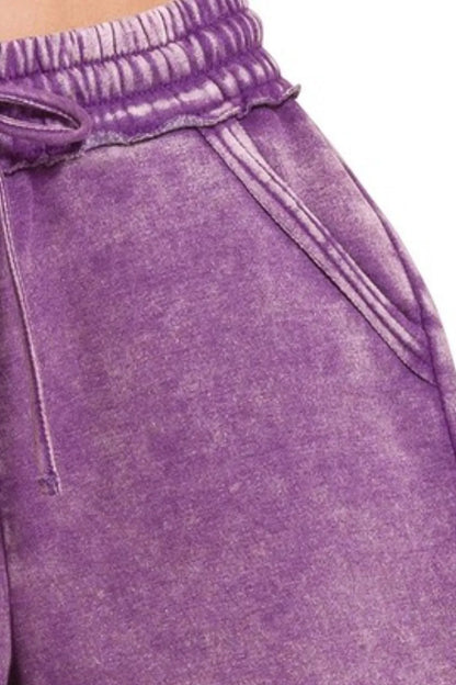 Zenana Acid Wash Fleece Drawstring Shorts With Pockets