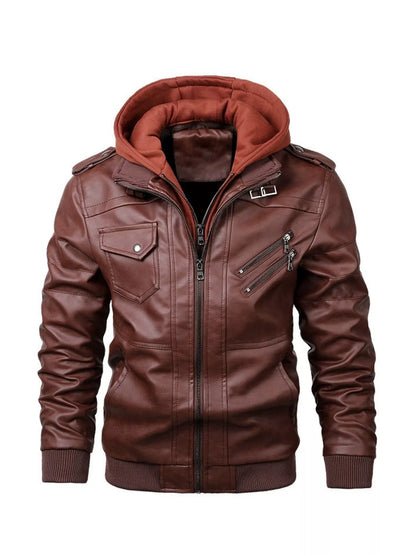 Men's Full Size Hooded Faux Leather Moto Jacket Plus Size