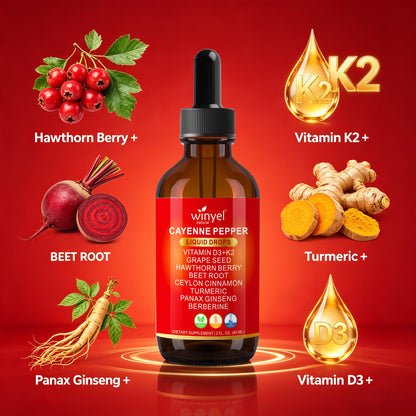WINYEL Cayenne Pepper Drops Herbal Supplement, Hawthorn Berry, Vitamin D3 K2, Beet Root, Ceylon Cinnamon, Turmeric & Berberine Extract, 60ML