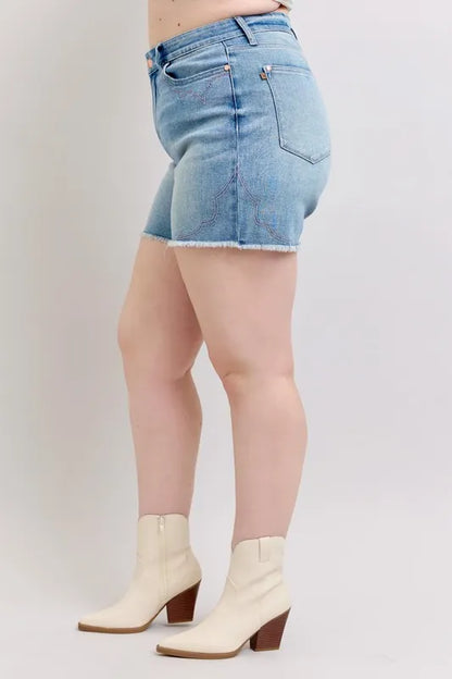 Judy Blue Plus Size High Waist Western Embroidery Detail Cut Off Denim Shorts